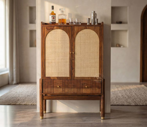 Amodh Sheesham Wood Bar Cabinet with Arched Cane Doors & Brass Handles (Teak Finish)