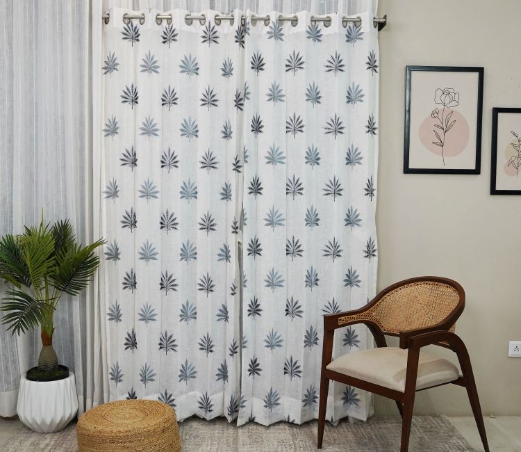 Crown Leaf Sheer Door Curtains Set of 2 (Blue, 7 Feet)