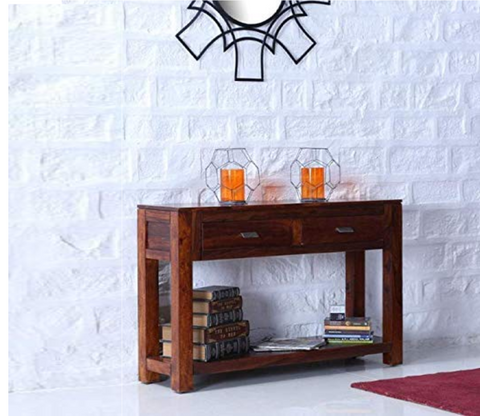 Walnut Finish Wooden Partition Leave Design Console Table