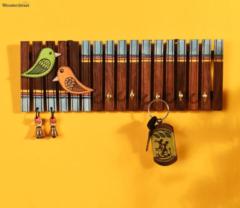 Handcrafted Tribal Art Wooden Stripes And Birds Key Holder - 4 Keys