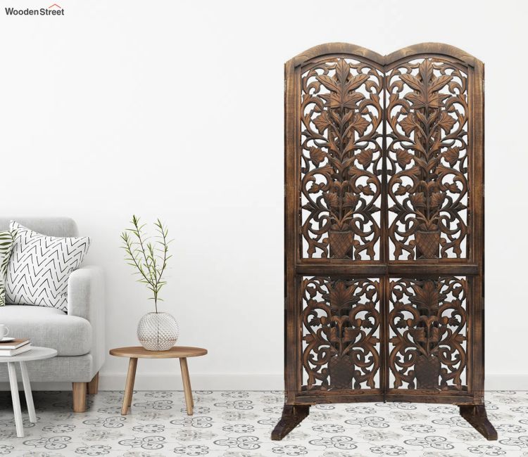 Floral Hand Carved Wooden Room Divider Single Panel With Stand