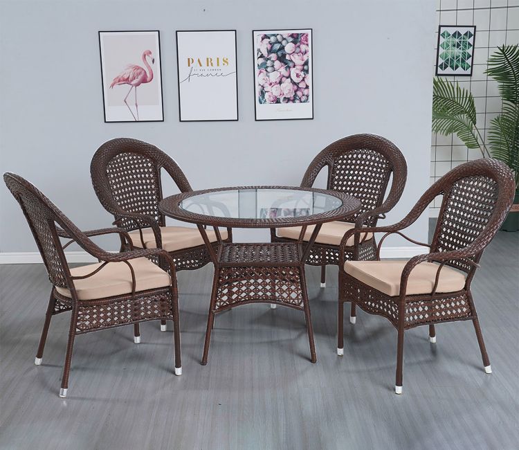 Wicker And Rattan 4 Seater Dining Set With Cream Cushions (Dark Brown)