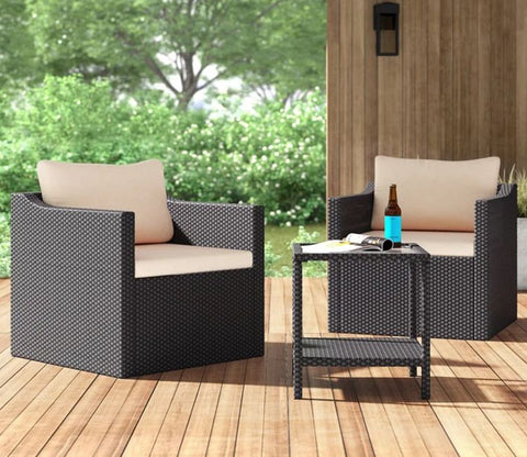 Brown Rattan And Wicker Outdoor Furniture Set With Table And Cushions