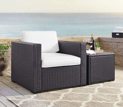 Dark Brown Rattan And Wicker Patio Sofa Cum Chair With White Cushions