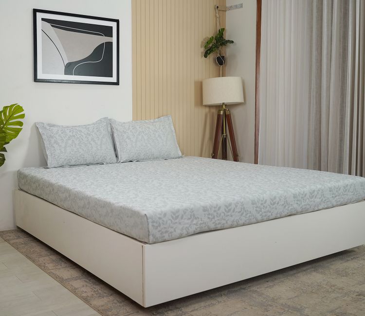 Branches Self Woven 290 TC Flat Pure Cotton King Size Bedsheet With 2 Pillow Covers (Grey)
