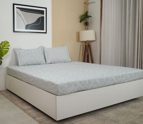 Branches Self Woven 290 TC Flat Pure Cotton King Size Bedsheet With 2 Pillow Covers (Grey)