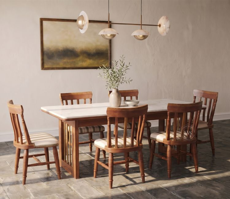 Kanak Designer 6 Seater Sheesham Wood Dining Table Set with Mishaan Quartz Top Table and Misha Chair (Teak Finish)