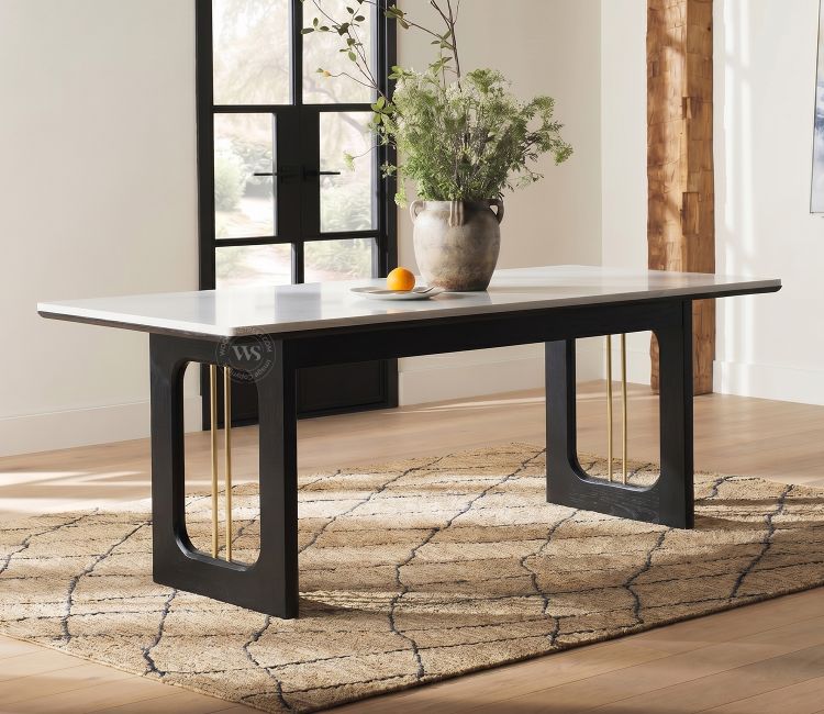 Mishaan Designer 6 Seater Sheesham Wood Dining Table with Quartz Top with Brass Accent (Black Finish)