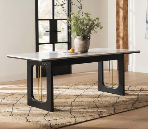 Mishaan Designer 6 Seater Sheesham Wood Dining Table with Quartz Top with Brass Accent (Black Finish)