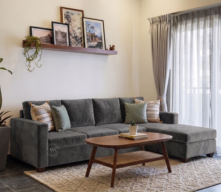 Albus L-Shape 5 Seater Right Aligned Sofa (Velvet, Graphite Grey)