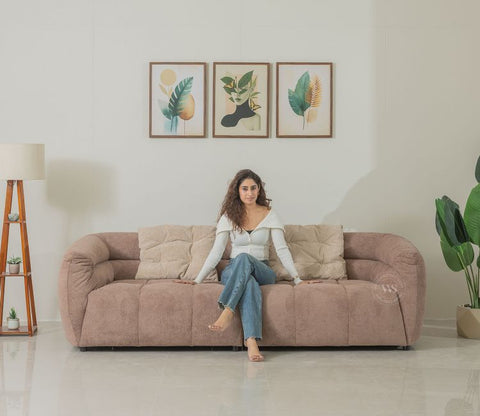 Skava Modern Bubble Tufted Fabric 3 Seater Sofa (Light Brown)