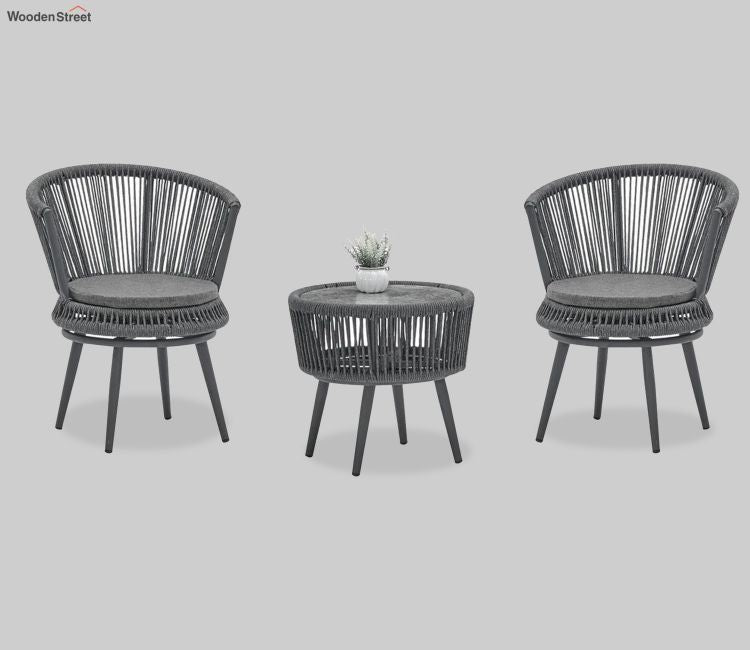 Grey Rope 2 Seater Chair Set With Round Table And Grey Cushions