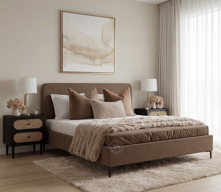 Andreas Premium Fabric Bed with Curved Headboard & Without Storage (King Size, Sand Brown)