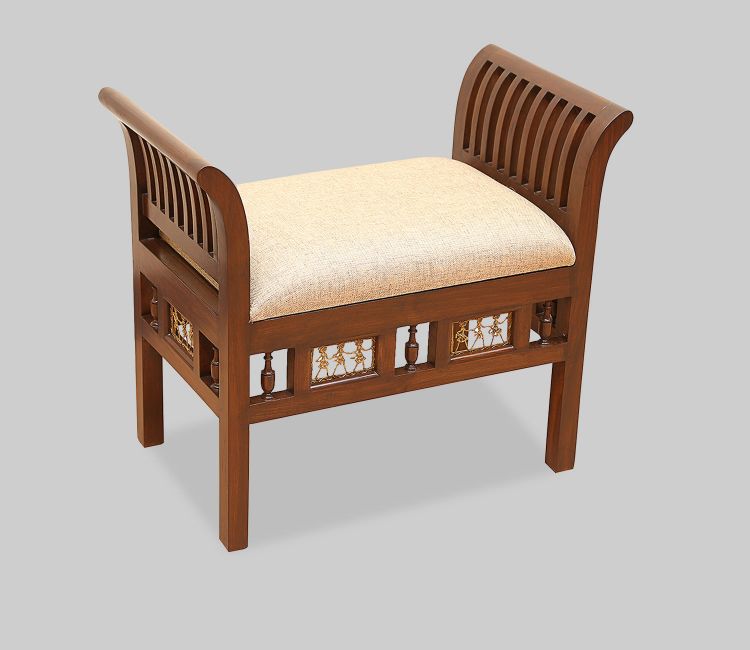 Cleo-II Ottoman with Cushioned Seat in Striped Wood Pattern finished in Walnut Color