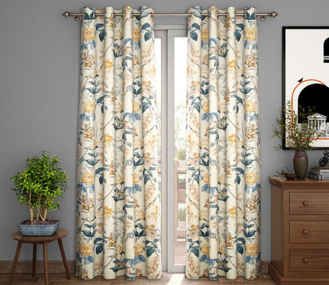 Leafy Floral Print 1 Piece Light-Filtering Curtain (Blue, 7 Feet)