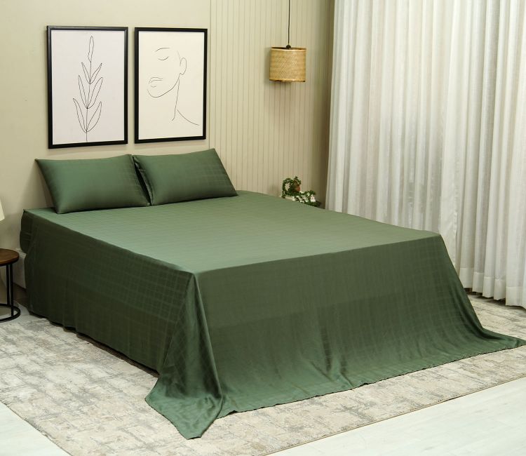 Organic Dobby Checks Bamboo Bedsheet Single Size Bed 300 TC with 1 Pillowcase and 1 Fitted Bedsheet (Blue)