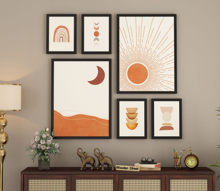 Neutral Hues Of Sun And Moon Wall Frame - Set Of 6 (Rectangle, Black, Canvas)