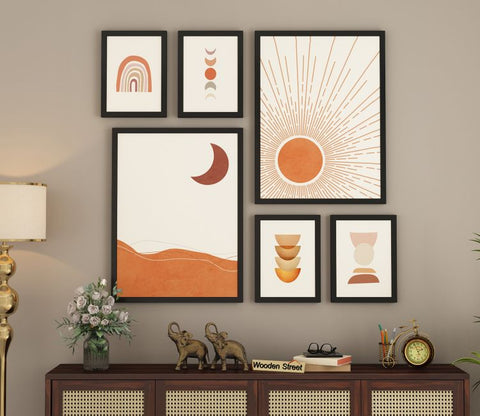 Neutral Hues Of Sun And Moon Wall Frame - Set Of 6 (Rectangle, Black, Canvas)