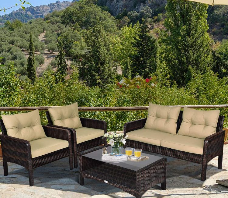 Dark Brown Rattan And Wicker Sofa Patio Set With Cream Cushions And Table