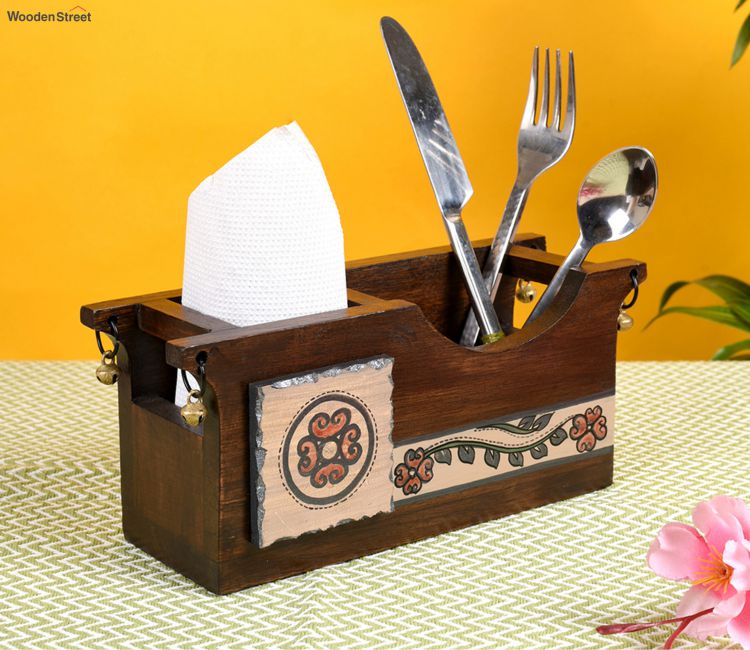 Brown Handcrafted Folk Art Wooden Cutlery Holder