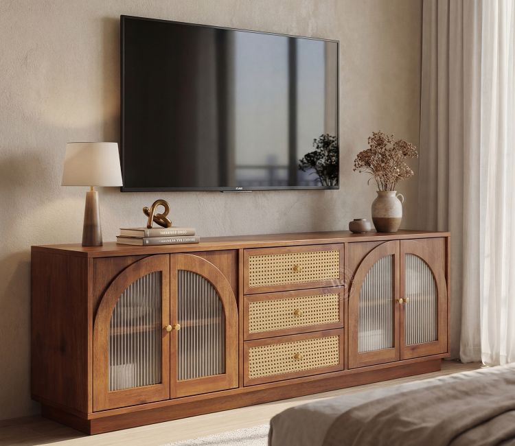 Windsor Premium Mango Wood TV Unit with Fluted Glass Panel Door Cabinets, Cane Detailing (Teak Finish)