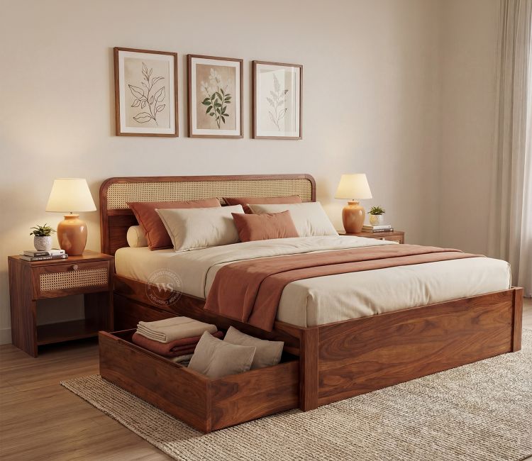 Balikos Sheesham Wood Bed with Drawer Storage and Cane Detailing (King Size, Teak Finish)