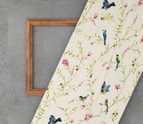Cream Robins Floral Bird Print 100% Cotton Fabric