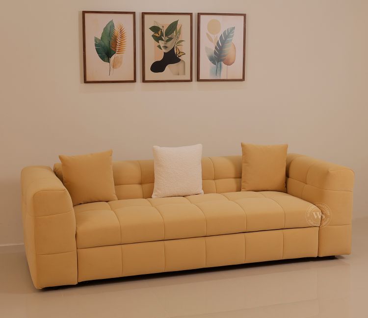 Cinnaro Modern Sofa Cum Bed with Pull Out Conversion and Tufted Design (Yellow)