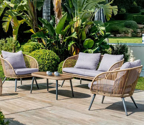 Beige Rope 4 Seater Sofa Set With Table And Grey Cushions