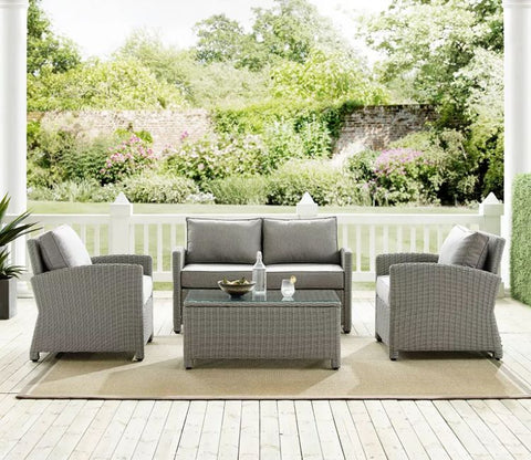 Grey Rattan And Wicker 4 Seater Patio Set With Table And Grey Cushions