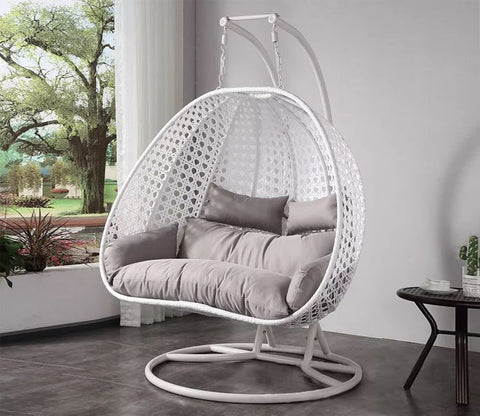 White Metal Swing Chair with Grey Cushion
