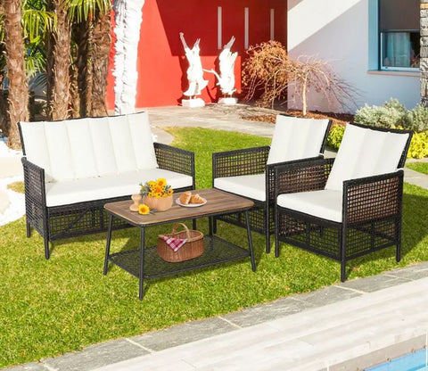 Dark Brown Rattan And Wicker 4 Seater Sofa Set With Rectangle Table And Off White Cushions