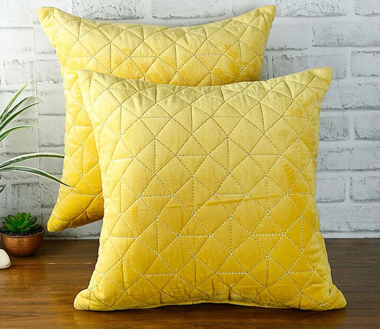 Velvet Quilted Cushion Cover - Set Of 2 (Yellow, 18 x 18 inch)