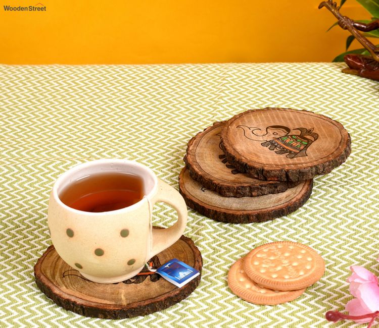 Tribal Art Round Wooden Handcrafted Coaster - Set of 4