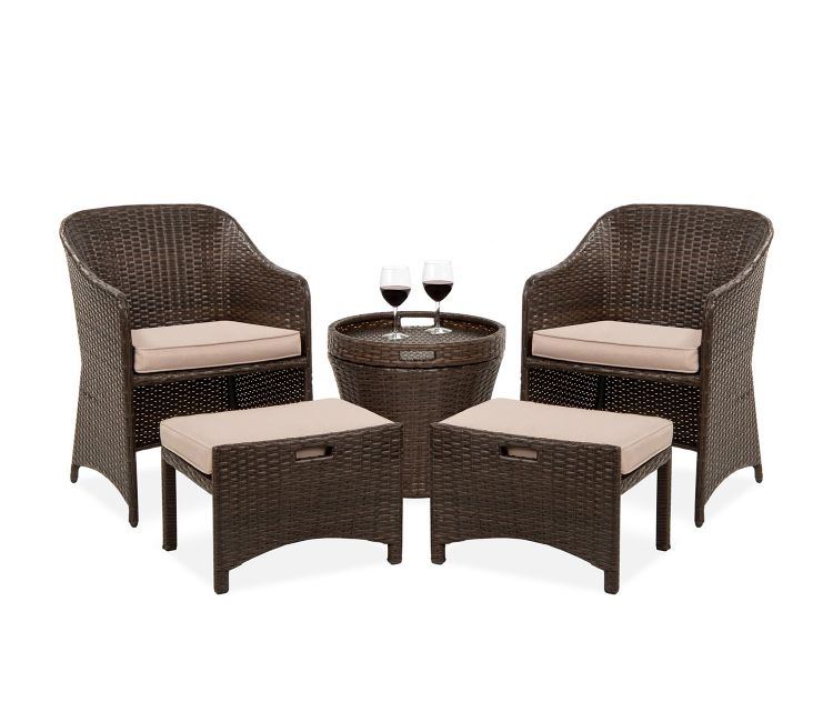 Dark Brown Rattan And Wicker 2 Seater Patio Set With Table And Cream Cushions