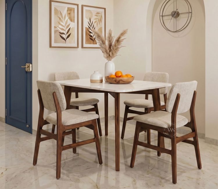 Vivara 4 Seater Dinining Set with Valence Quartz-Top Table and Vinara Upholstered Chair (Cottage Ivory)