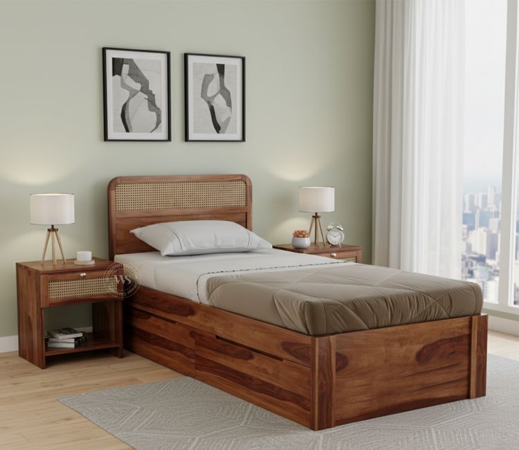 Balikos Sheesham Wood Bed with Drawer Storage and Cane Detailing (Single Size, Teak Finish)