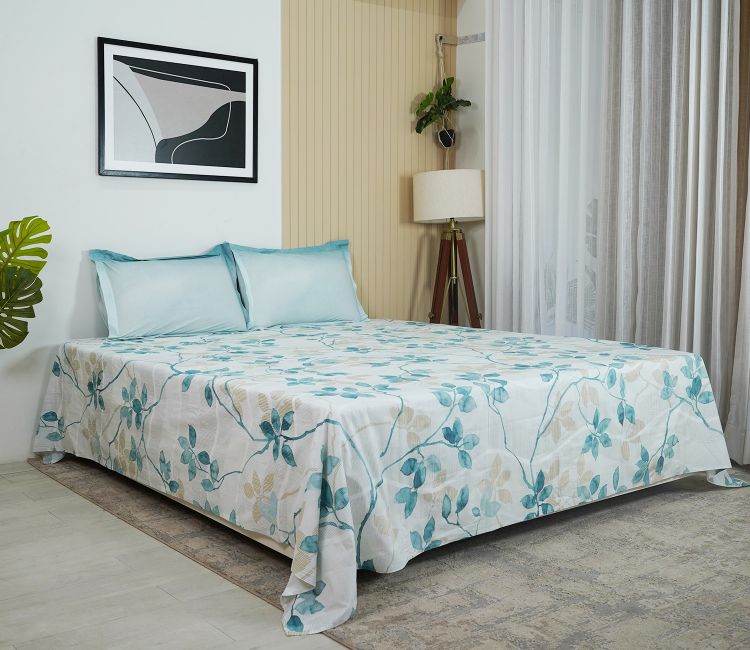 Flowery 144 TC Flat Pure Cotton King Size Bedsheet With 2 Pillow Covers (Blue)