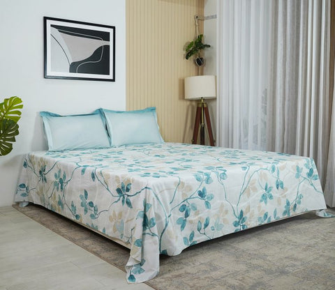 Flowery 144 TC Flat Pure Cotton King Size Bedsheet With 2 Pillow Covers (Blue)