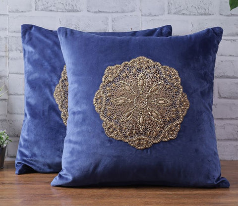 Beaded Velvet Cushion Covers - Set of 2 (Blue, 18 x 18 inch)