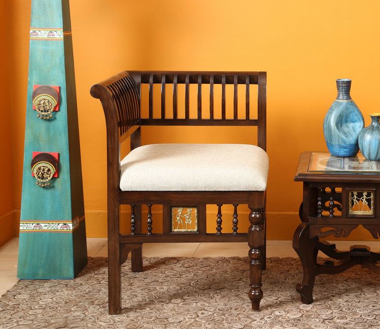 Polo Single Seater L Sofa in Striped Wood Pattern created in Teakwood with Walnut Finish