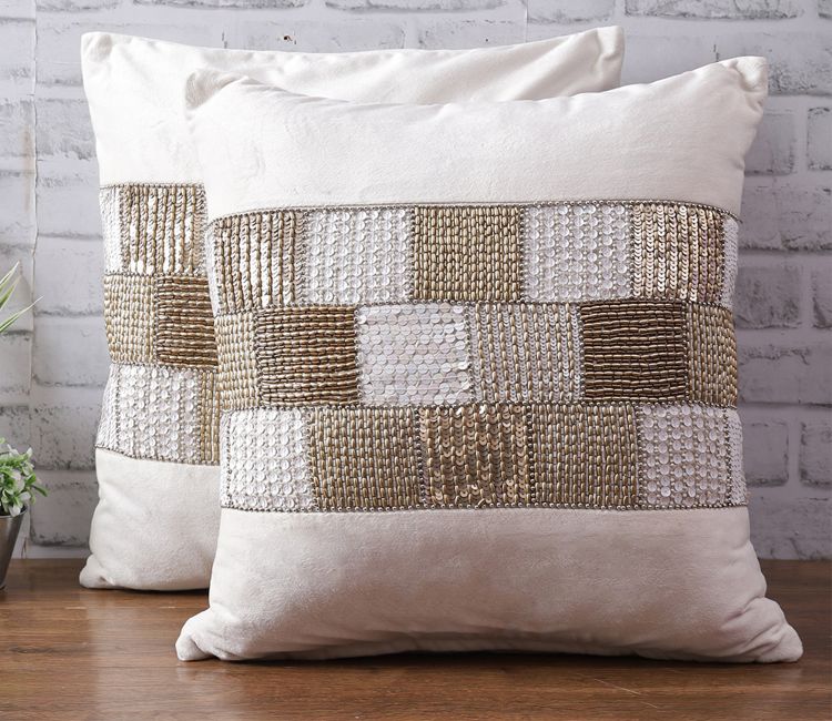 Velvet Beaded Cushion Covers - Set of 1 (Ivory,18 x 18 inch)