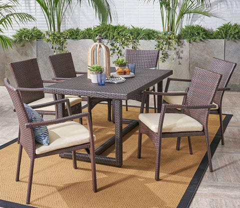 Dark Brown Rattan And Wicker Outdoor Dinning Set With Cream Cushions