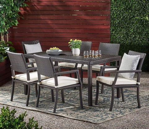 Dark Brown Rattan And Wicker Dinning Set With Cream Cushions