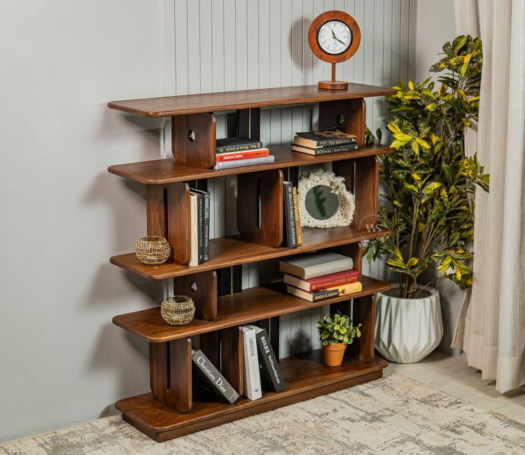 Crossroads Sheesham Wood Bookshelf with Multi-Level Open Storage (Teak Finish)