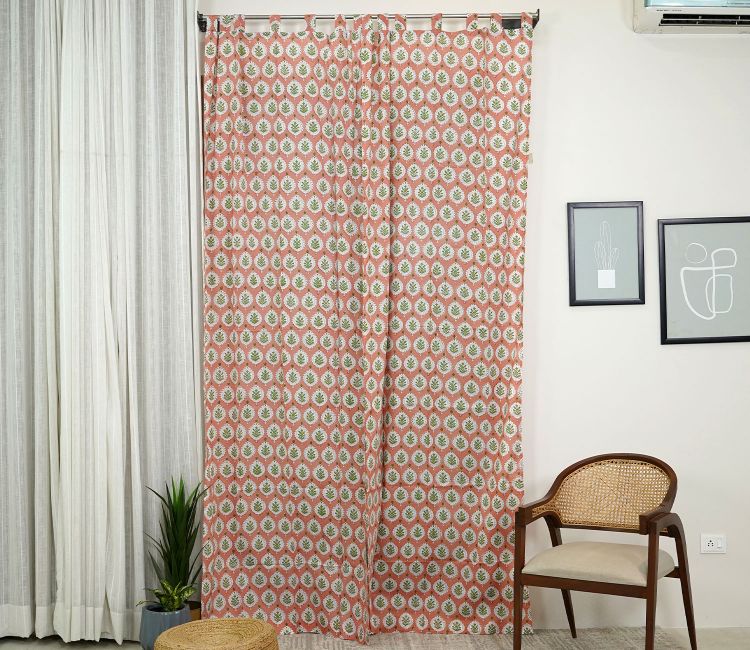 Floral Large Butah 1 Piece Door Curtain (Peach, 7 Feet)