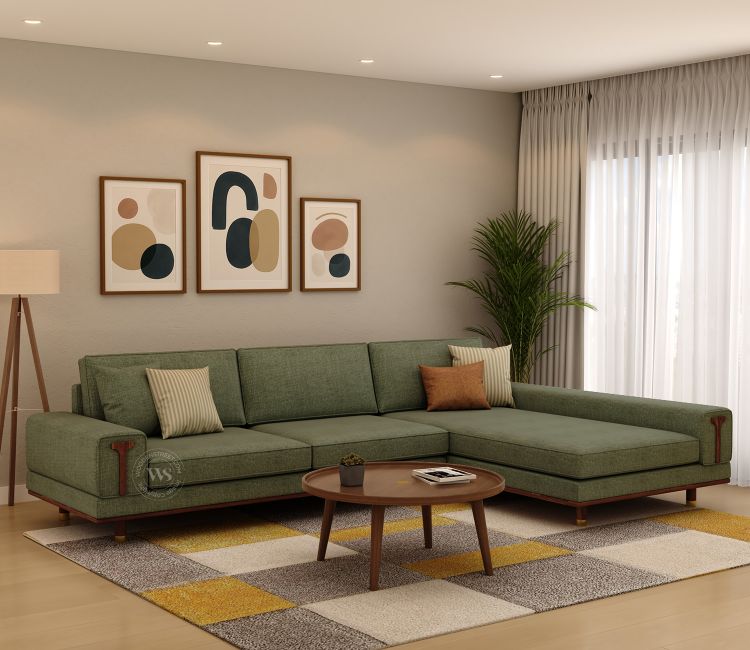 Nivas L-Shaped Sofa with Wooden Accents (Sage Green)