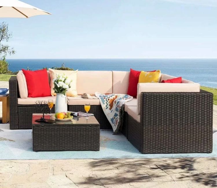 Dark Brown Rattan And Wicker L Shape Sofa Set With Table And Cream Cushions