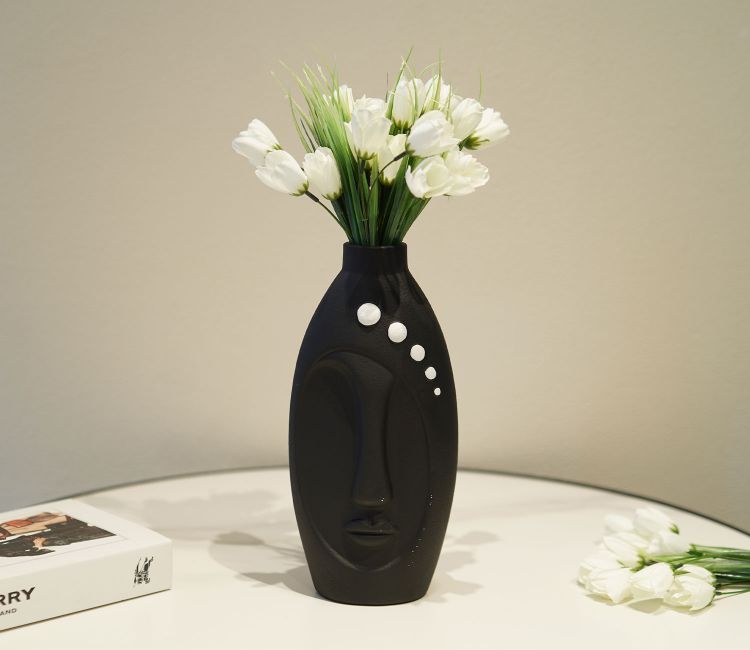 Silkaura Human Face Ceramic Vase (Black, L)