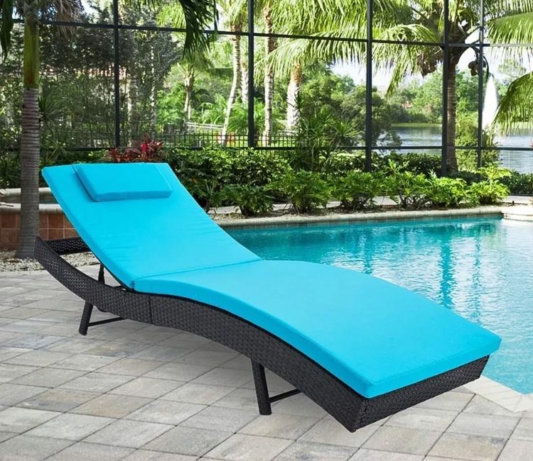 Black Adjustable Outdoor Lounger With Sky Blue Cushions